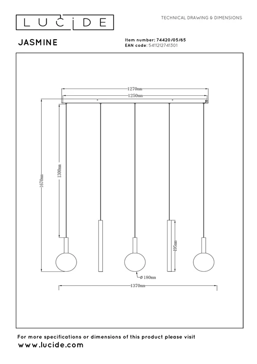Lucide JASMINE - Pendant light - LED Dim. - CCT - 5x4W 2200K/3300K - Copper - Premium - technical